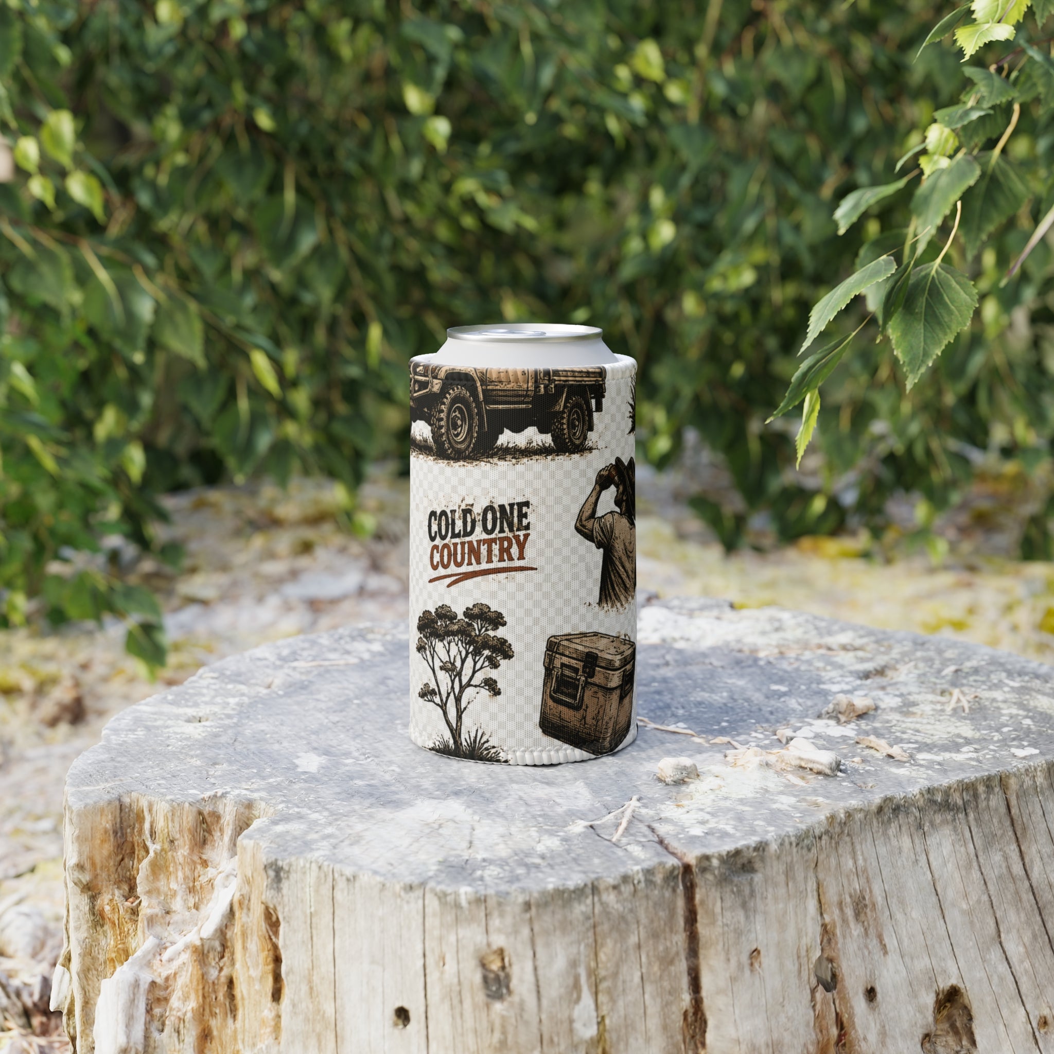 Cold One Country Stubby Cooler – Insulated Beer Can Koozie with Outdoor Truck & Cooler Design